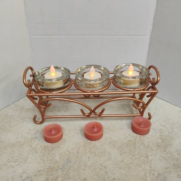 Votive / Tea Light Candle Holder Metal Frame Rose Gold Coloring - Picture 1 of 6